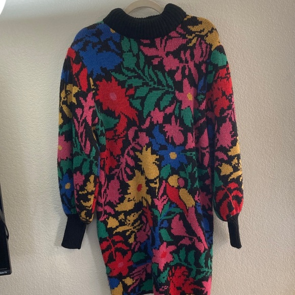 FARM Rio Multicolor Knit Sweater mini dress ballon sleeve abstract flowers y2k M - Picture 2 of 9